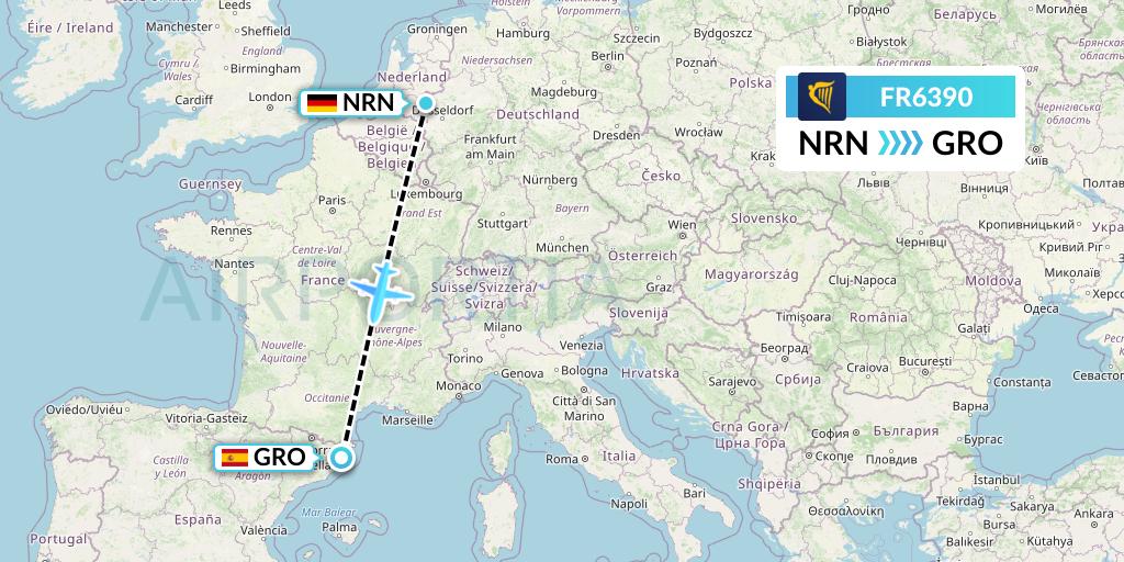 FR6390 Ryanair Flight Map: Weeze to Girona