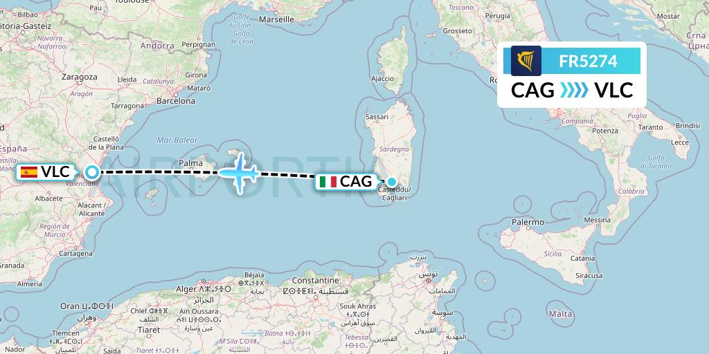 FR5274 Ryanair Flight Map: Cagliari to Valencia