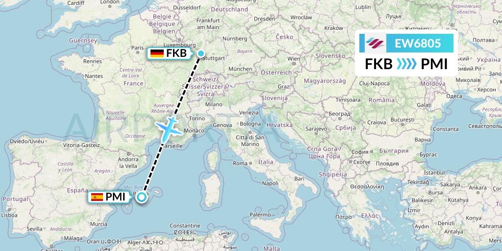 EW6805 Eurowings Flight Map: Karlsruhe/Baden-Baden to Palma de Mallorca