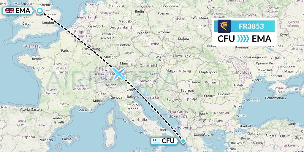 FR3853 Ryanair Flight Map: Corfu to East Midlands
