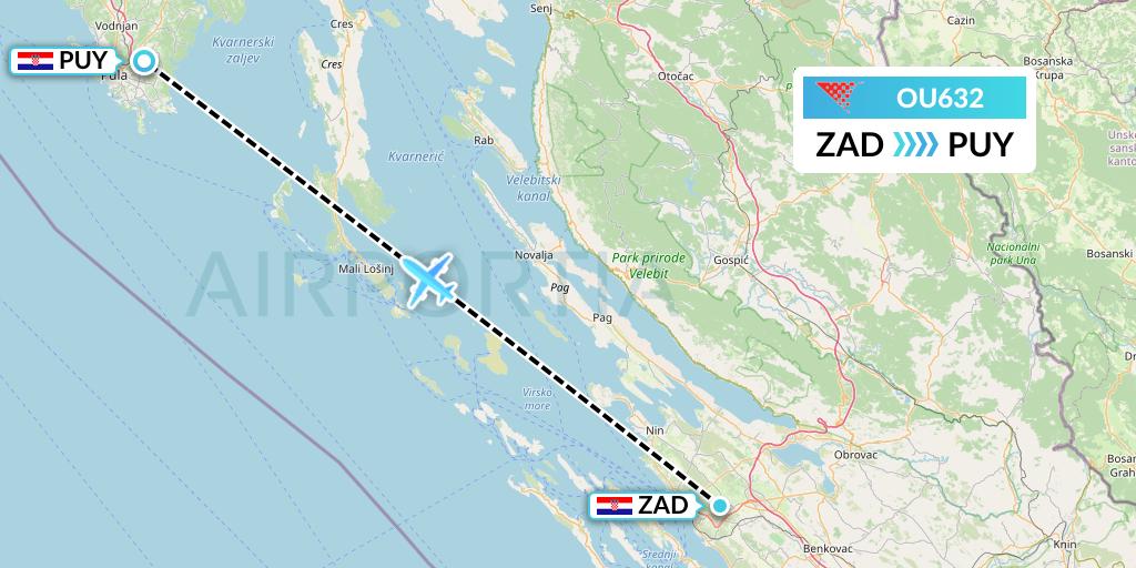 OU632 Croatia Airlines Flight Map: Zadar to Pula