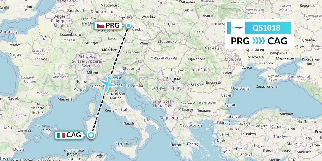 QS1018 Smartwings Flight Map: Prague to Cagliari