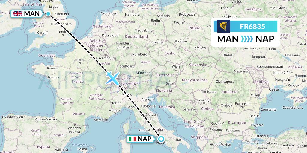 FR6835 Ryanair Flight Map: Manchester to Naples