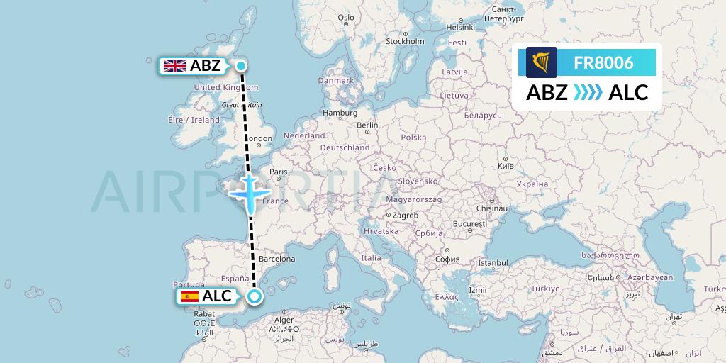 FR8006 Ryanair Flight Map: Aberdeen to Alicante