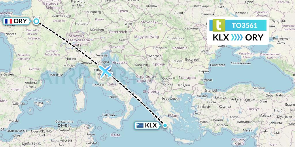 TO3561 Transavia France Flight Map: Kalamata to Paris