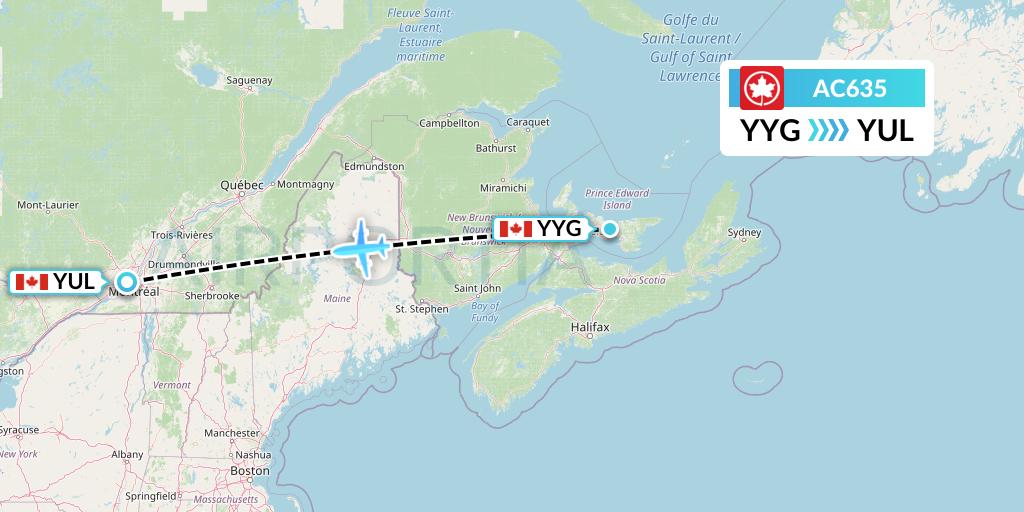 AC635 Air Canada Flight Map: Charlottetown to Montreal