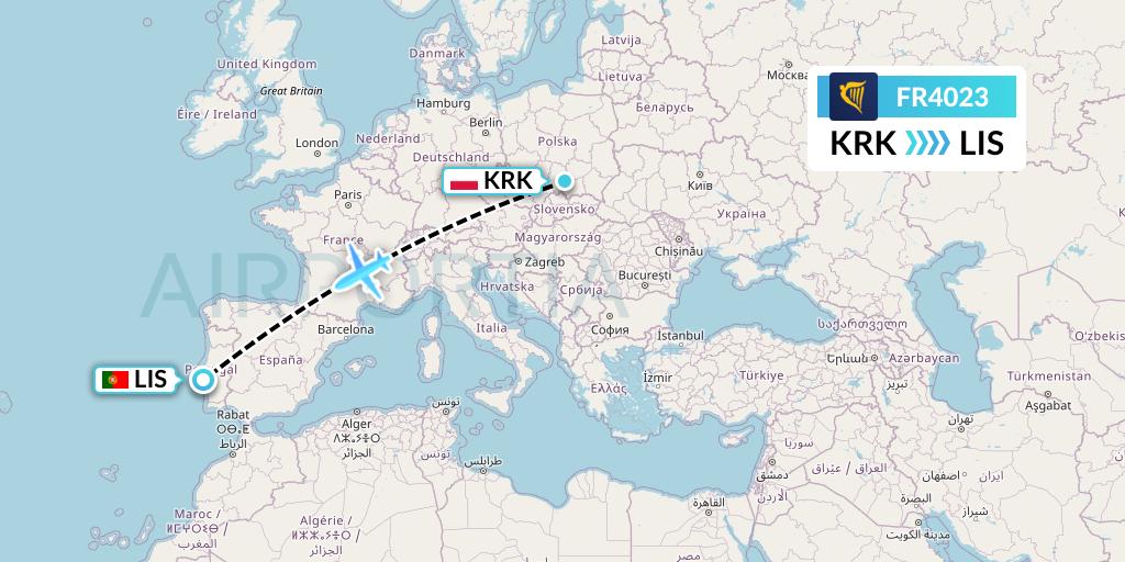 FR4023 Ryanair Flight Map: Krakow to Lisbon
