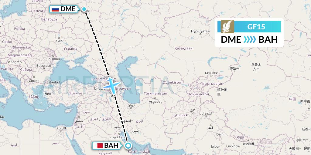 GF15 Gulf Air Flight Map: Moscow to Bahrain