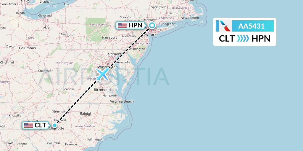 AA5431 American Airlines Flight Map: Charlotte to White Plains