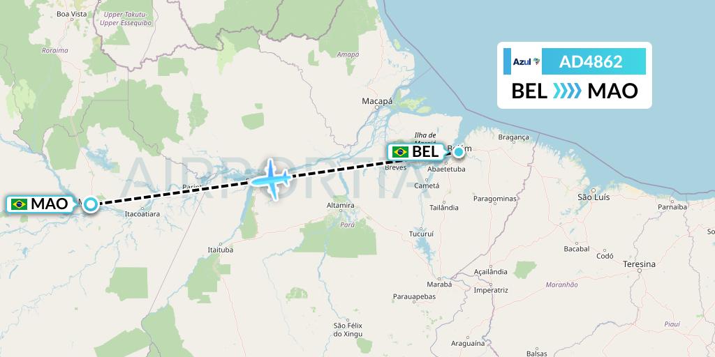 AD4862 Azul Brazilian Airlines Flight Map: Belem to Manaus