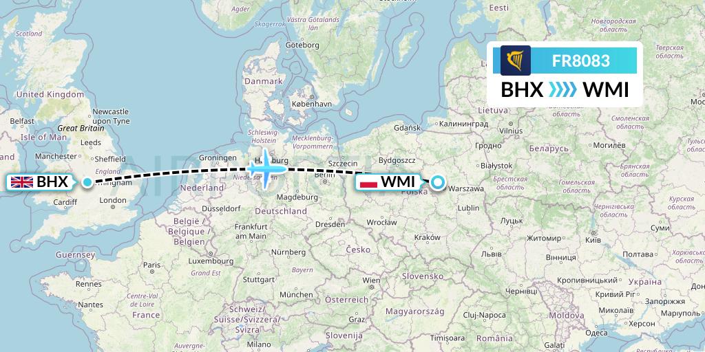 FR8083 Ryanair Flight Map: Birmingham to Warsaw