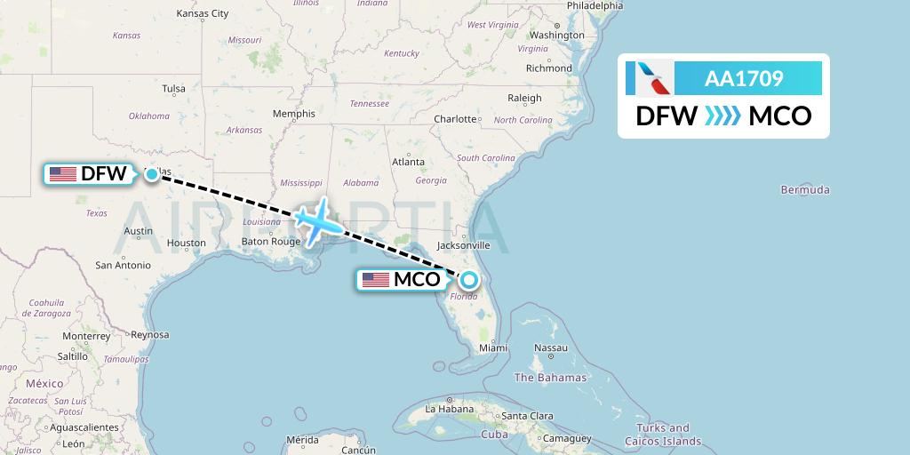 AA1709 American Airlines Flight Map: Dallas to Orlando