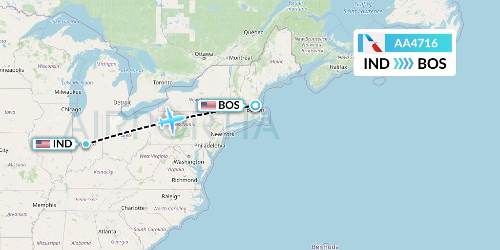AA4716 American Airlines Flight Map: Indianapolis to Boston