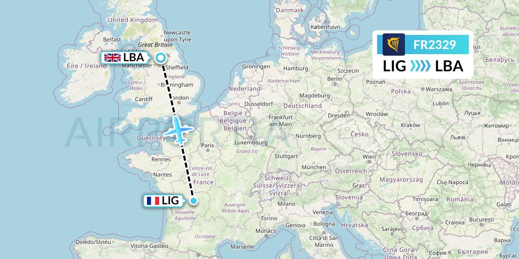 FR2329 Ryanair Flight Map: Limoges to Leeds