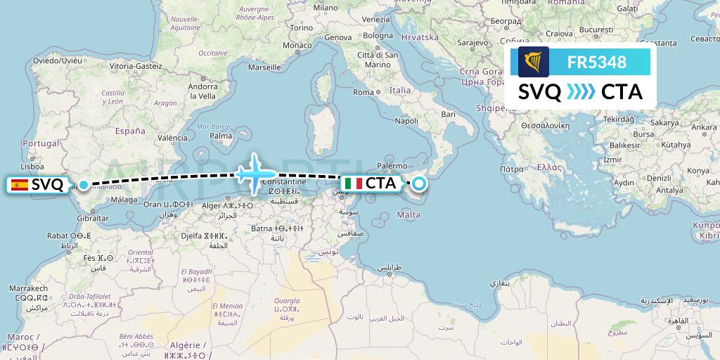 FR5348 Ryanair Flight Map: Seville to Catania