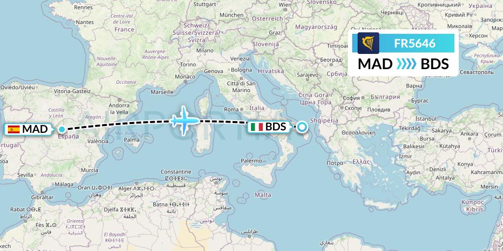 FR5646 Ryanair Flight Map: Madrid to Brindisi