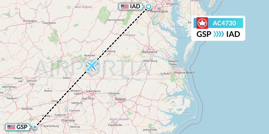 AC4730 Air Canada Flight Map: Greenville-Spartanburg to Washington