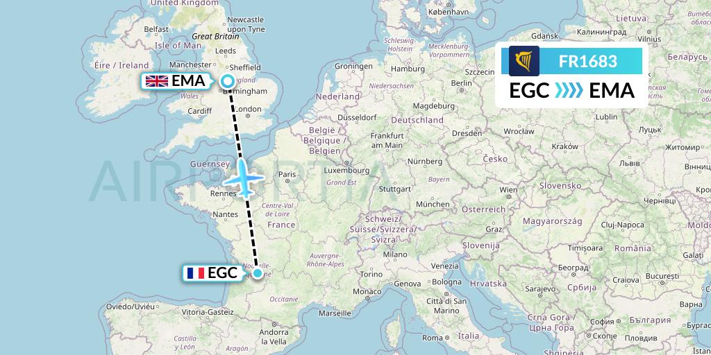 FR1683 Ryanair Flight Map: Bergerac to East Midlands