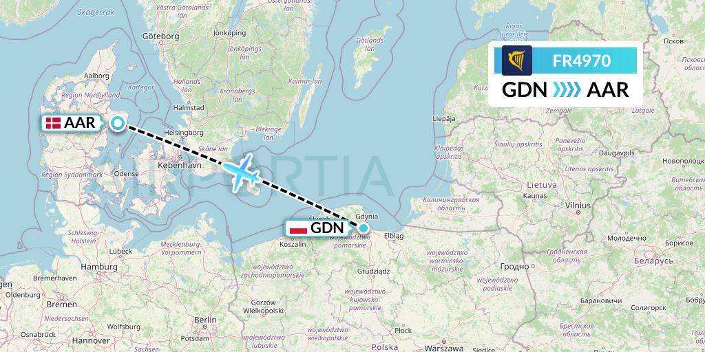 FR4970 Ryanair Flight Map: Gdansk to Aarhus