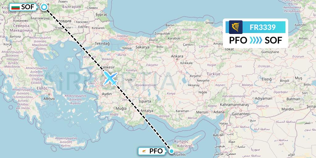 FR3339 Ryanair Flight Map: Pafos to Sofia