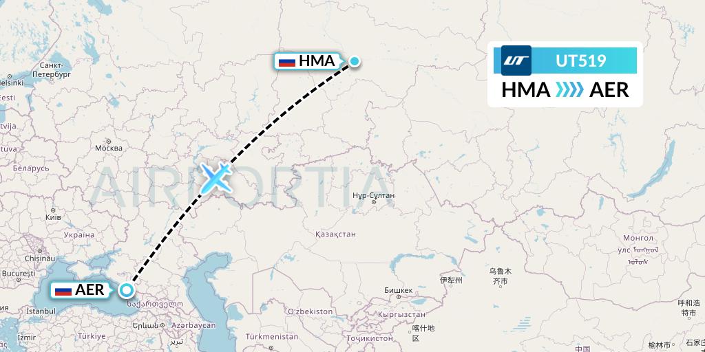 UT519 UTair Flight Map: Khanty-Mansiysk to Sochi