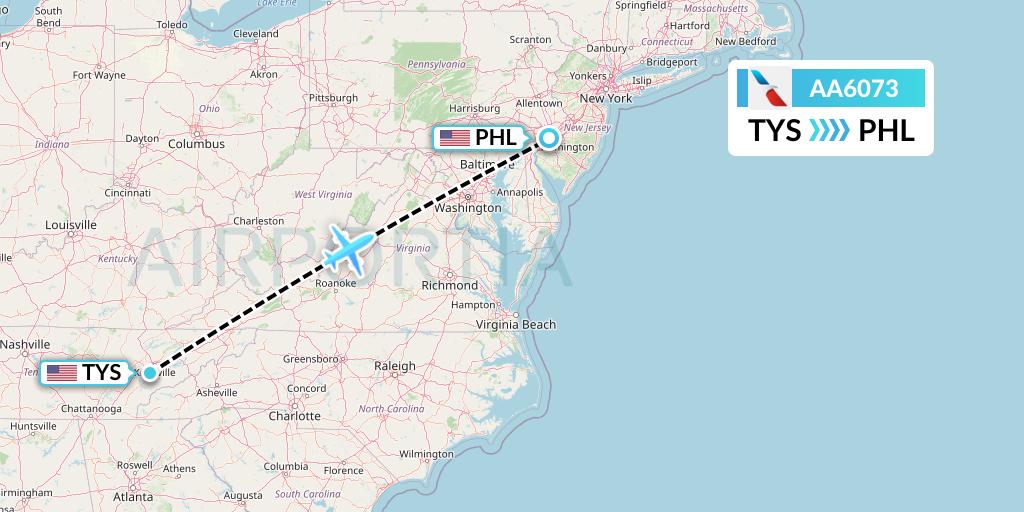 AA6073 American Airlines Flight Map: Knoxville to Philadelphia