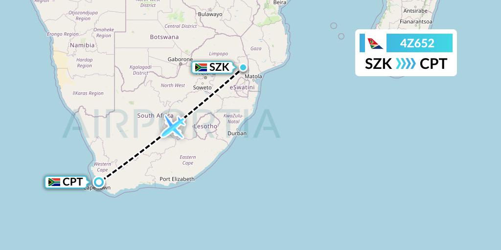 4Z652 Airlink Flight Map: Skukuza to Cape Town
