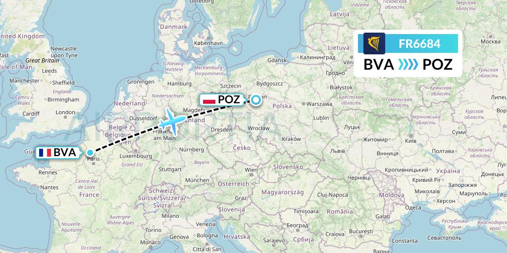 FR6684 Ryanair Flight Map: Paris to Poznan