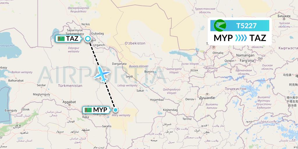 T5227 Turkmenistan Airlines Flight Map: Mary to Dasoguz