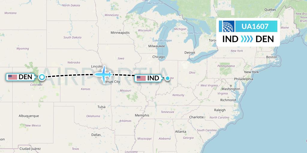 UA1607 United Airlines Flight Map: Indianapolis to Denver