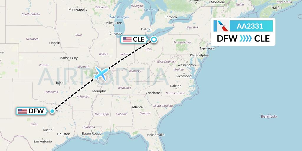 AA2331 American Airlines Flight Map: Dallas to Cleveland
