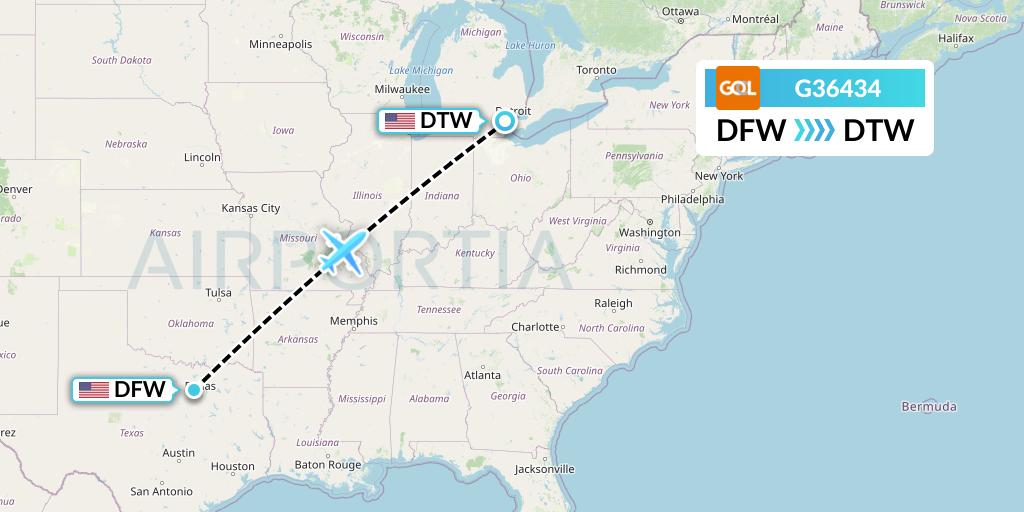 G36434 GOL Transportes Aeros Flight Map: Dallas to Detroit