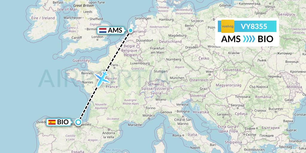 VY8355 Vueling Flight Map: Amsterdam to Bilbao