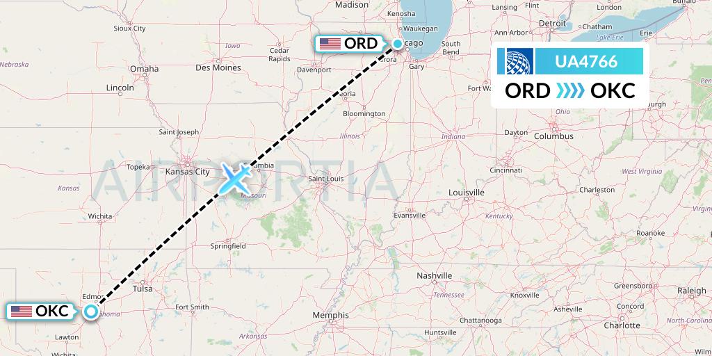 UA4766 United Airlines Flight Map: Chicago to Oklahoma City