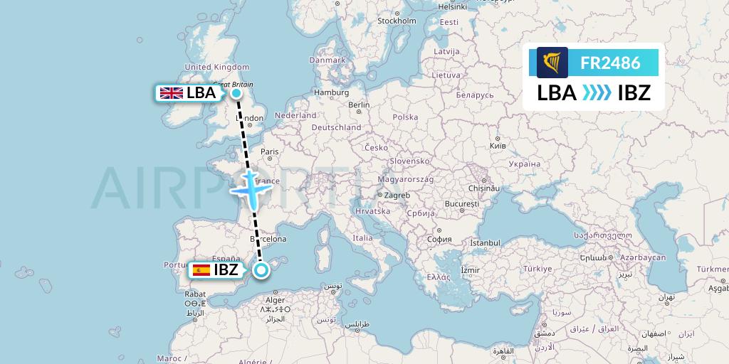 FR2486 Ryanair Flight Map: Leeds to Ibiza