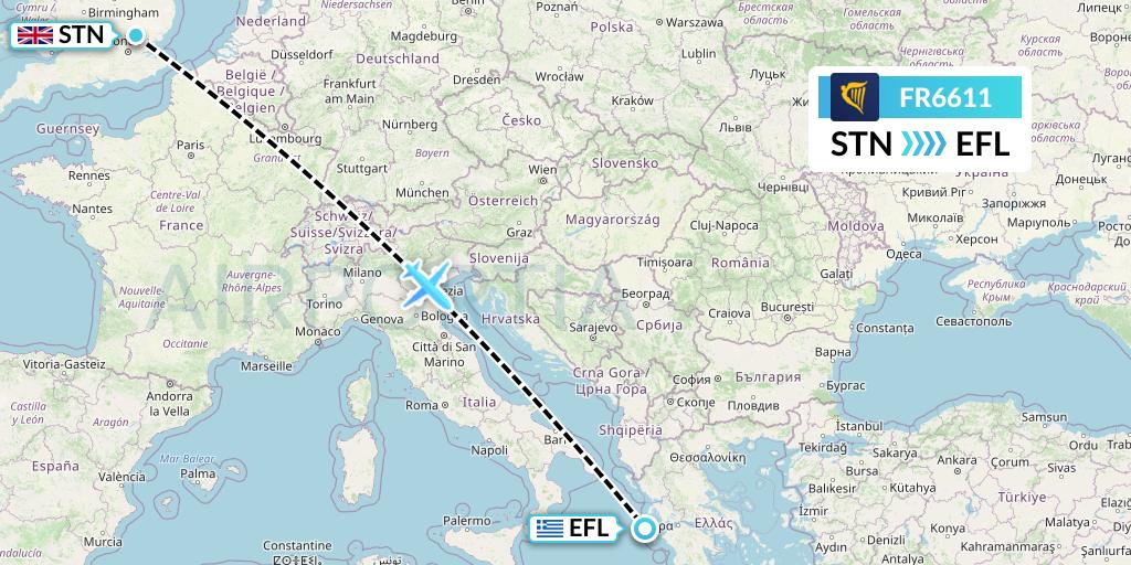 FR6611 Ryanair Flight Map: London to Kefalonia