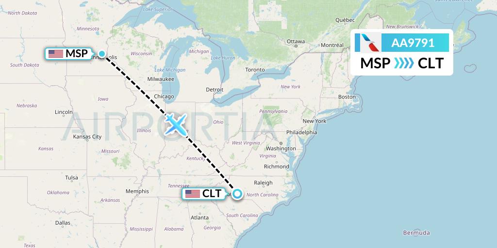 AA9791 American Airlines Flight Map: Minneapolis to Charlotte