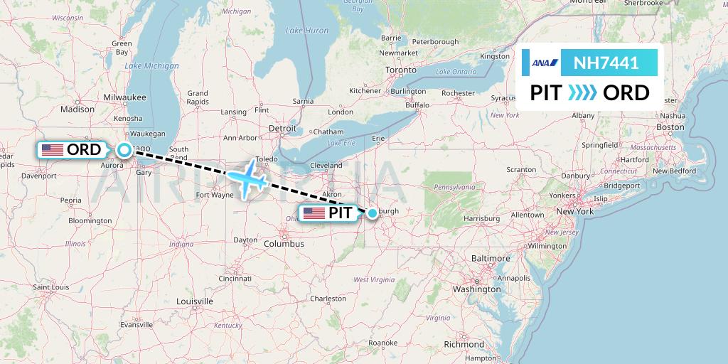 NH7441 All Nippon Airways Flight Map: Pittsburgh to Chicago