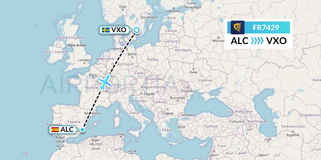 FR7429 Ryanair Flight Map: Alicante to Vaxjo