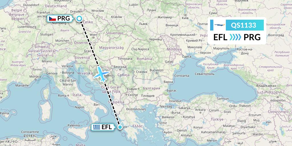 QS1133 Smartwings Flight Map: Kefalonia to Prague