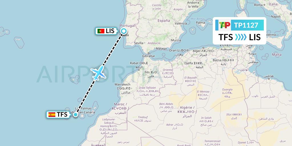 TP1127 TAP Portugal Flight Map: Tenerife to Lisbon
