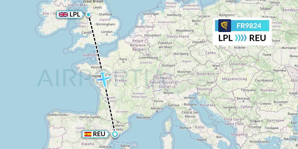 FR9824 Ryanair Flight Map: Liverpool to Reus