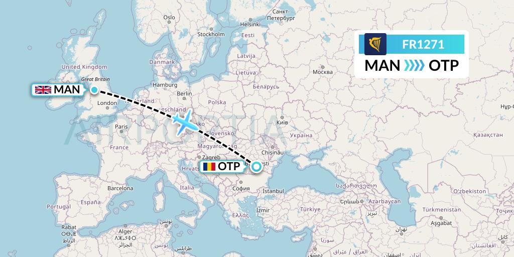 FR1271 Ryanair Flight Map: Manchester to Bucharest