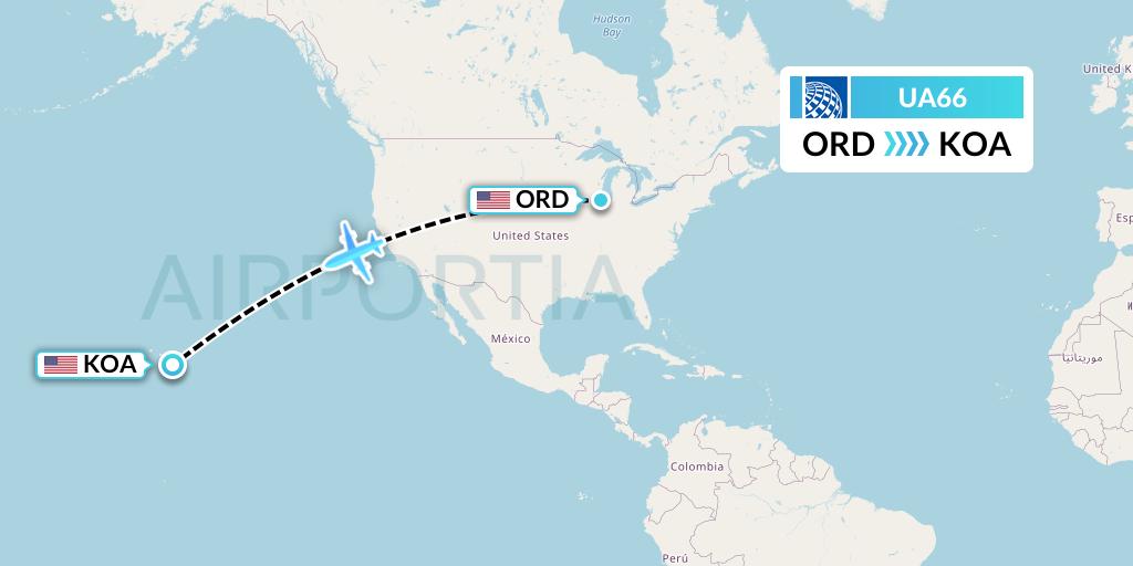 UA66 United Airlines Flight Map: Chicago to Kailua-Kona