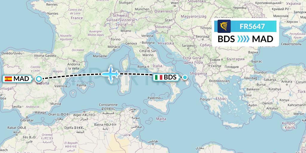 FR5647 Ryanair Flight Map: Brindisi to Madrid