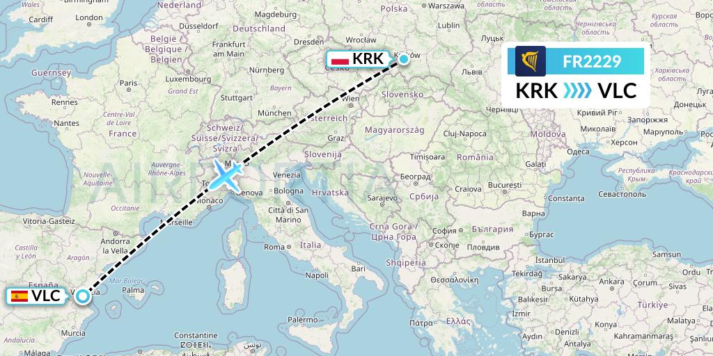 FR2229 Ryanair Flight Map: Krakow to Valencia