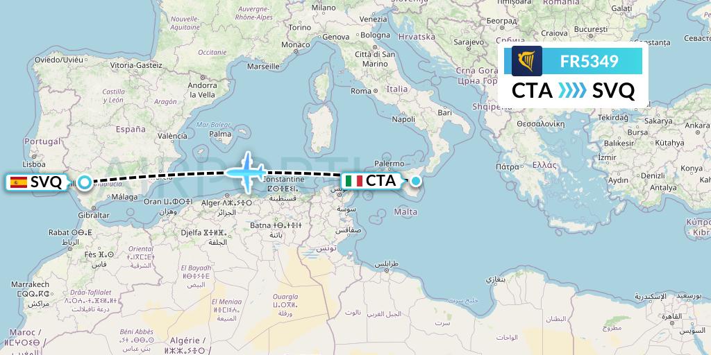 FR5349 Ryanair Flight Map: Catania to Seville
