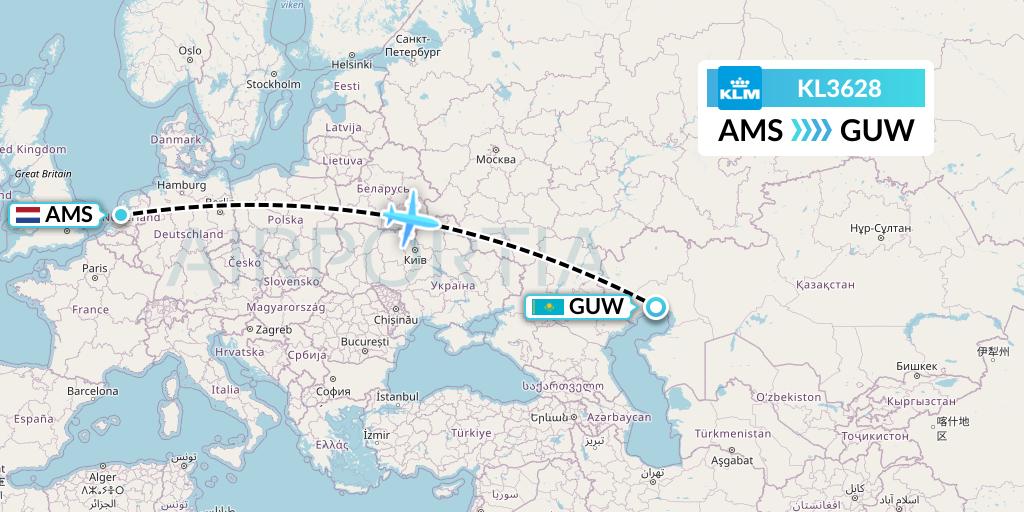 KL3628 KLM Flight Map: Amsterdam to Atyrau