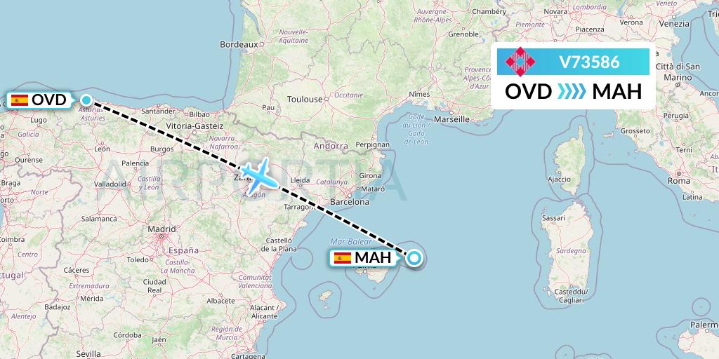 V73586 Volotea Flight Map: Asturias to Mahon