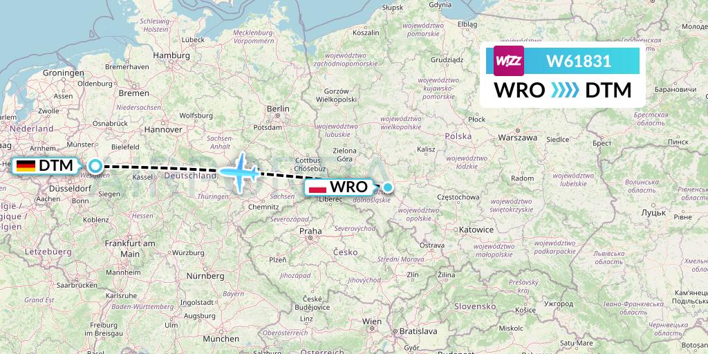 W61831 Wizz Air Flight Map: Wroclaw to Dortmund